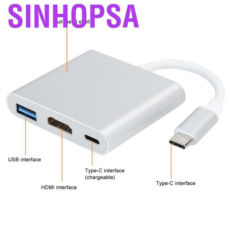 Sinhopsa USB 3.1‑C Hub 3‑in‑1 Type C 3.1 to USB‑C 4K 3.0 Adapter HDMI Cable for OS X