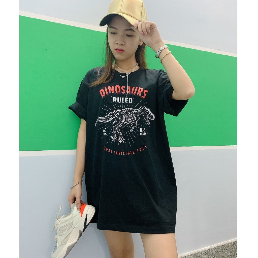 Áo thun Local Brand tay lỡ DINOS Unisex nam nữ form rộng màu đen in hình