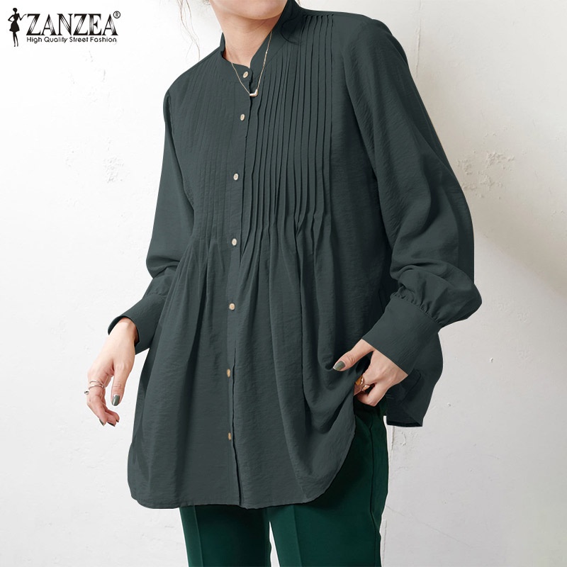 Áo kiểu dài tay ZANZEA cổ tròn xếp ly màu trơn dễ phối đồ cho phái nữ mặc hàng ngày