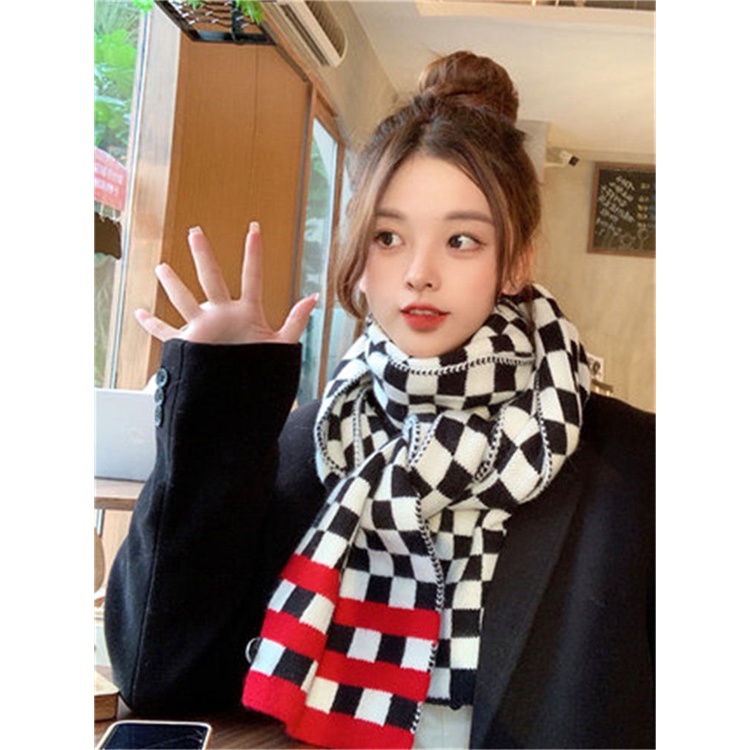 Khăn choàng dệt kim dáng dài họa tiết sọc caro phong cách Nhật Bản thời trang thu đông cho nữ
