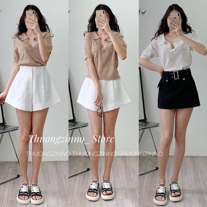 [Ảnh thật/Video] Áo phông mongtogi Ding sợi dệt lưới có cổ chất đẹp phong cách hàn Quốc