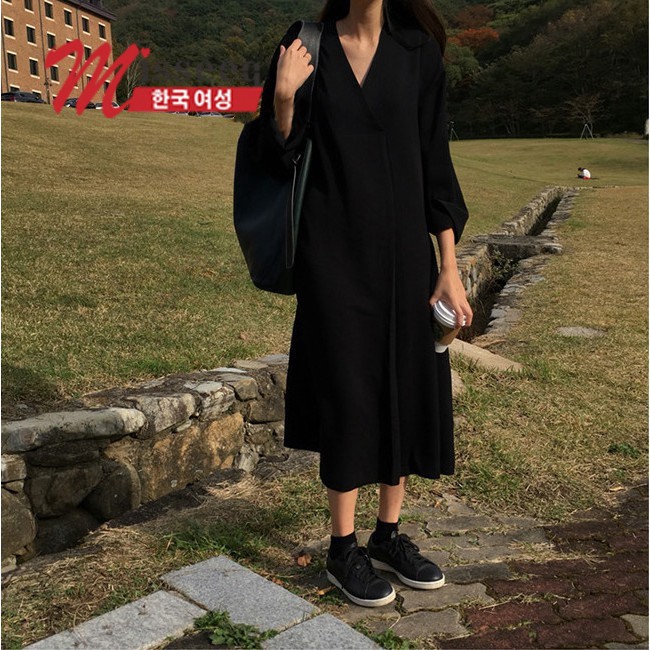 Đầm Sơ Mi Tay Dài Cổ Chữ V Dáng Rộng Phong Cách Retro Hàn Quốc