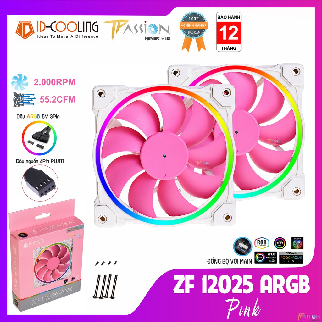 Quạt tản nhiệt LED ARGB ID-Cooling ZF-12025-PINK - Fancase 12cm, cánh quạt hồng, sức gió mạnh, hiệu ứng RGB viền đa màu