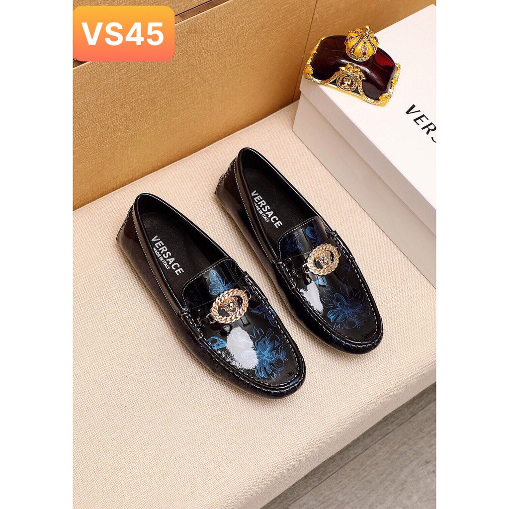 Giày Da Nam Cao Cấp, Giày Lười Bóng Hoa Văn Xanh VS45 n