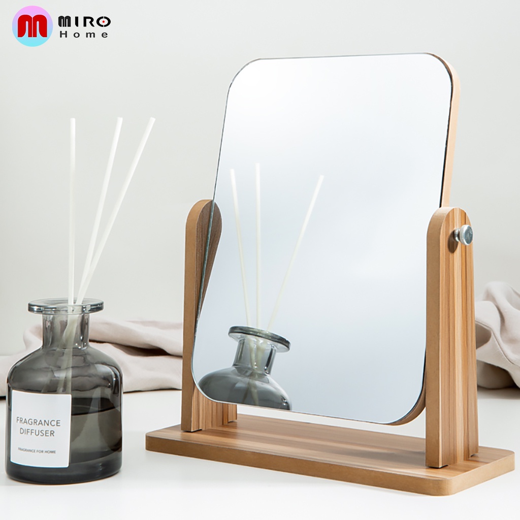 Gương gỗ trang điểm xoay 360 độ, gương soi để bàn bằng gỗ phong cách châu âu size lớn MIROHOME