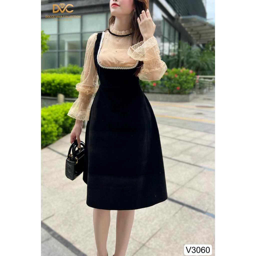 VÁY NHUNG ĐEN TAY PHỐI LƯỚI THIẾT KẾ CAO CẤP  V3060 - DVC
