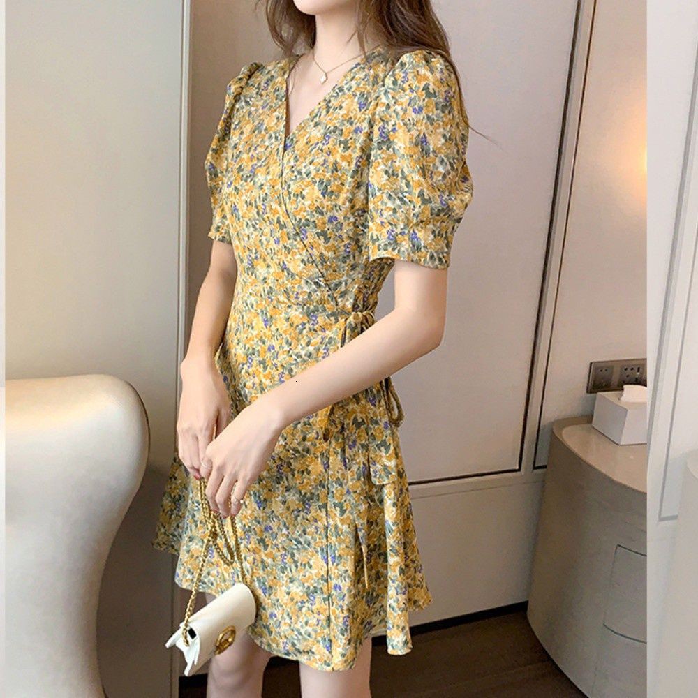 Đầm Chữ A Tay Phồng Cổ Chữ V Thắt Dây Nhấn Eo Tôn Dáng In Họa Tiết Hoa Lãng Mạn Kiểu Pháp Cho Nữ