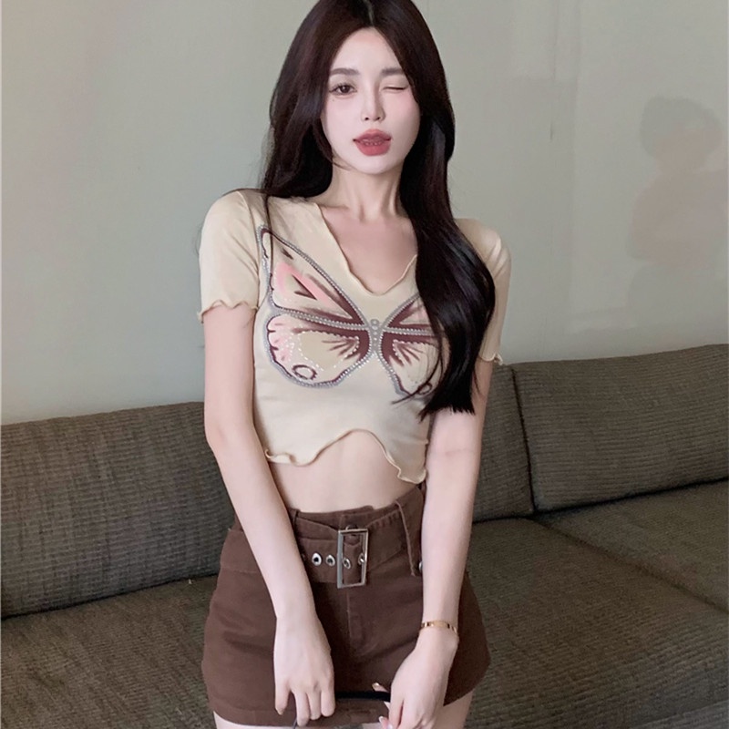 Áo Croptop Tay Ngắn Cổ Chữ v In Họa Tiết Thời Trang Quyến Rũ Cho Nữ