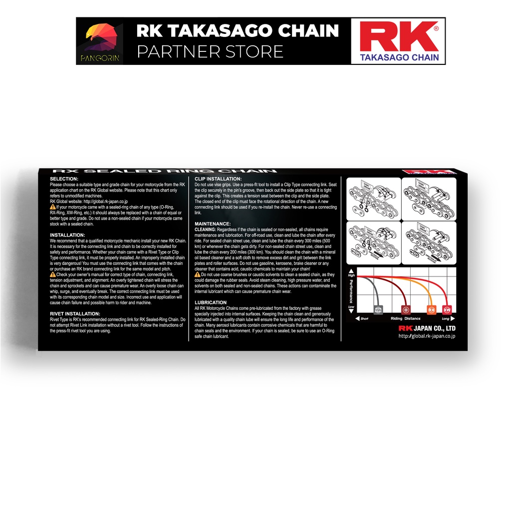 Sên xe phân khối lớn RK Takasago Chain mã BG-525-KRX, màu vàng đen, phốt cao su X-ring, kích thước 525, 120 mắc sên