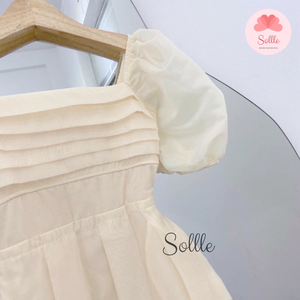 Đầm váy 2 lớp dáng dài xòe voan tơ xếp li ngực tay bồng màu be nude Hàn Quốc tiểu thư Sollle