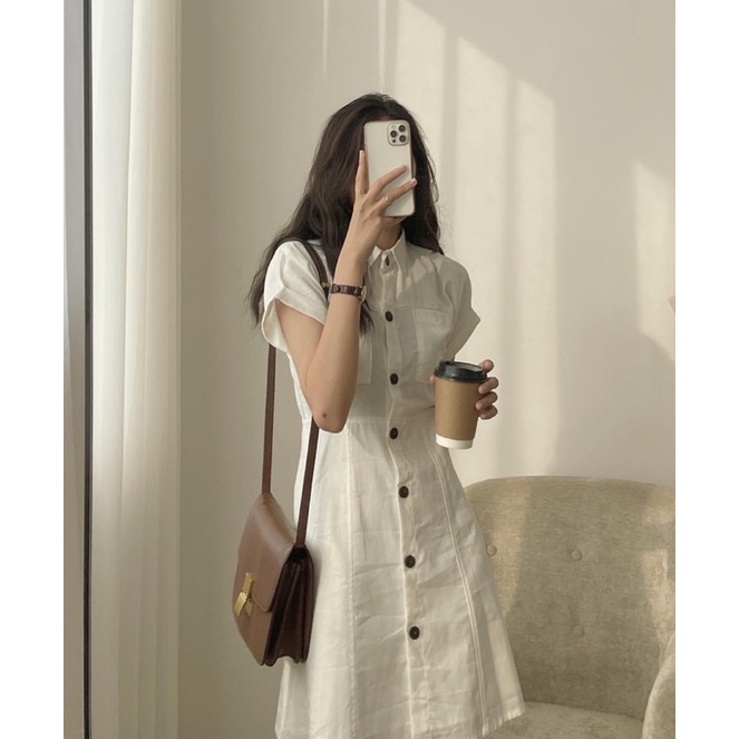 [Ảnh thật/Sẵn]Váy đũi linen chiết eo túi ngực cúc gỗ/Đầm linen cổ đức cúc gỗ | BigBuy360 - bigbuy360.vn