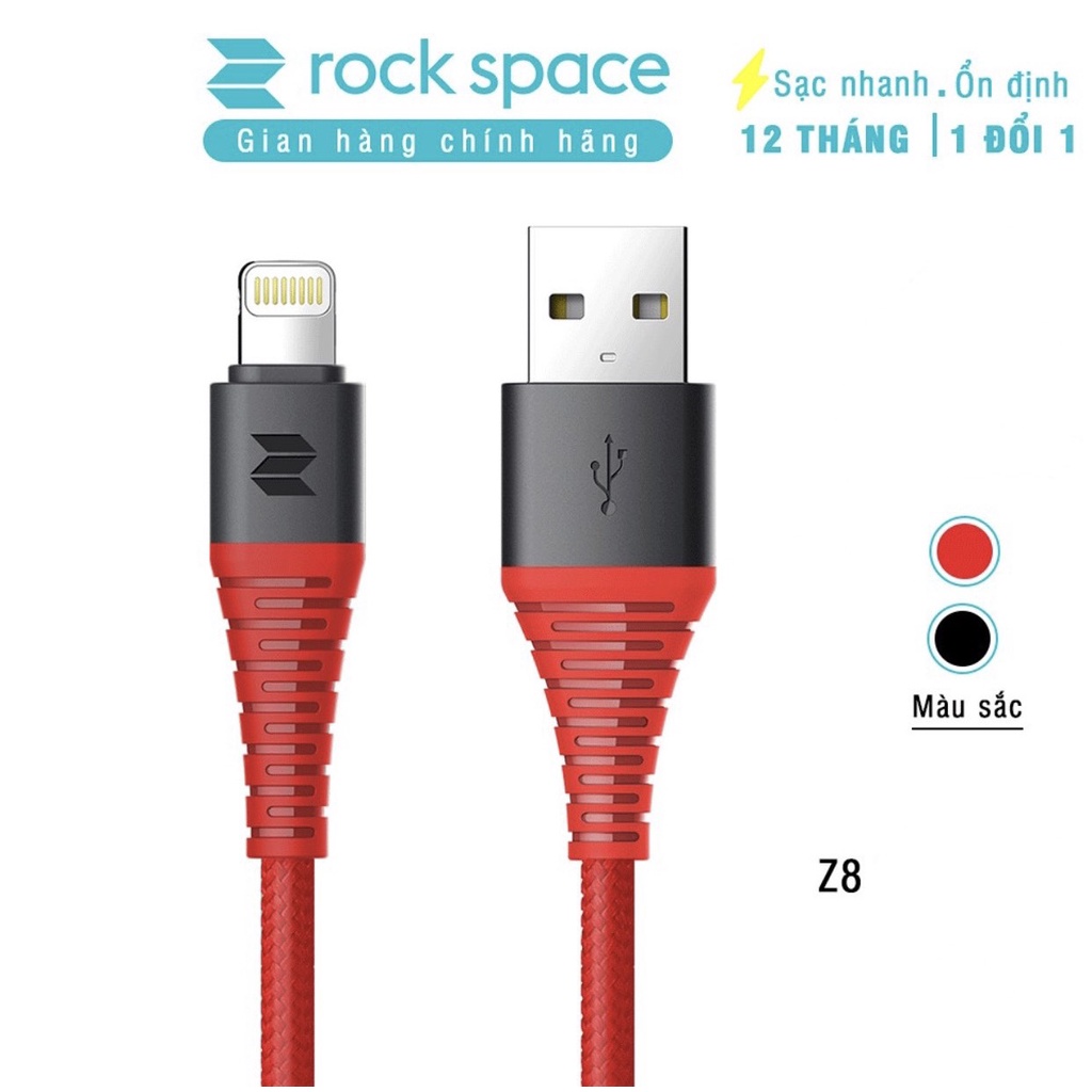 Cáp sạc nhanh cho iphone Rockspace Z8 dây dù,màu đen,đỏ,sạc nhanh,siêu bền,hàng bảo hành 1 năm