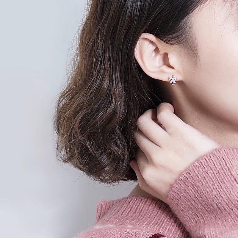 Bông tai nơ bạc đá chữ nhật cao cấp, chân ái của các nàng thơ Mainomi Shop Bạc Xinh