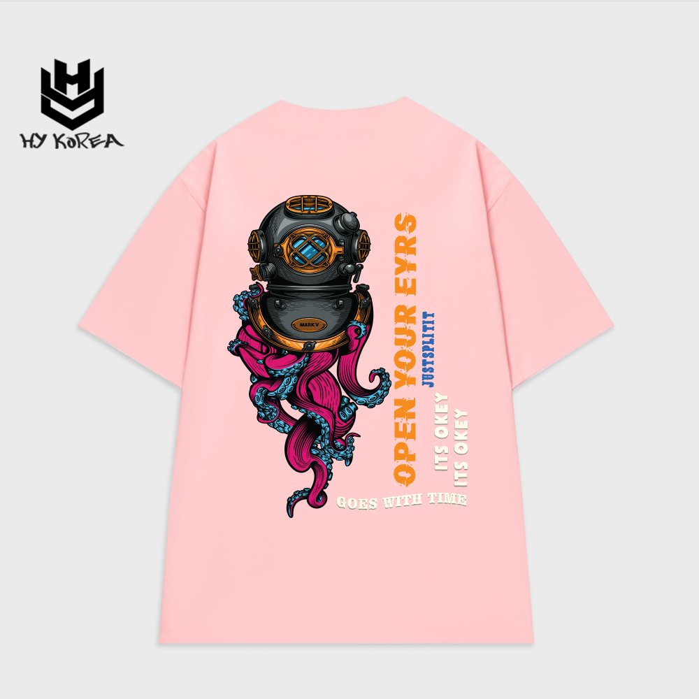 Áo thun unisex tay lỡ HY KOREA nam nữ form rộng in hình Mực đội mũ lặn 755