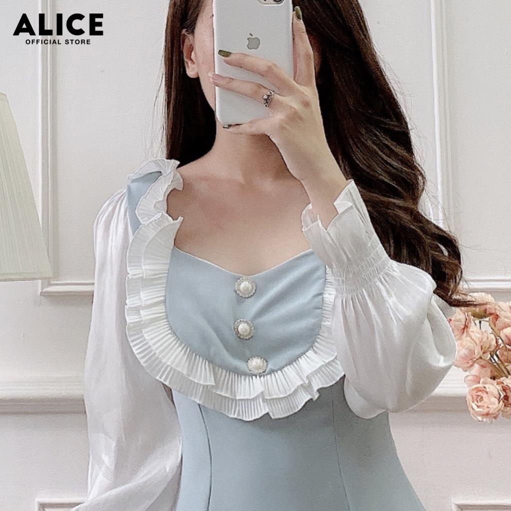 VIP Váy Thiết Kế Tiểu Thư ALICE Phối Bèo Ngực Tay Dài Phồng Bo Xòe Gấu Tay V256