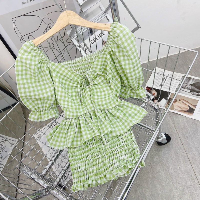 Set peplum caro xanh thắt nơ tay bo + chân váy nhún