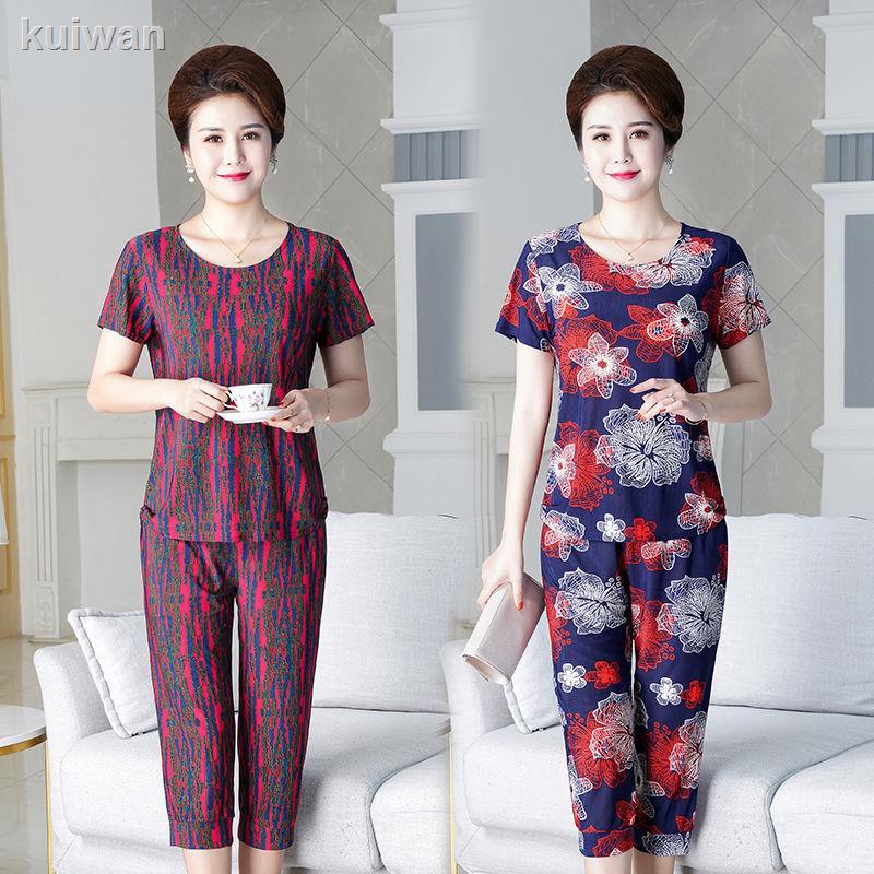 Mới Set Áo Kiểu Tay Ngắn + Quần Dài Thời Trang Mùa Hè Cho Phụ Nữ Trung Niên 40-50 Tuổi