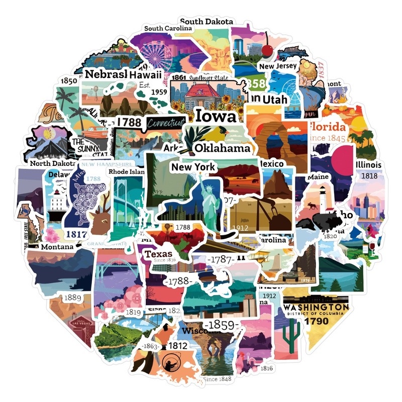 Z & M❀ Bộ 50 Miếng Dán Hình Bản Đồ Mỹ Độc Đáo ❀ Miếng Dán Chống Thấm Nước Cho Đồ Chơi