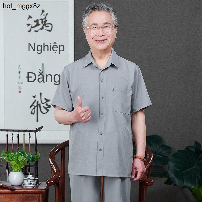 Mùa hè mỏng tuổi trung niên và già nua, áo thun ngắn Sleeve Cotton áo vét bình thường đôi áo s ơ mi cha áo sơ mi...