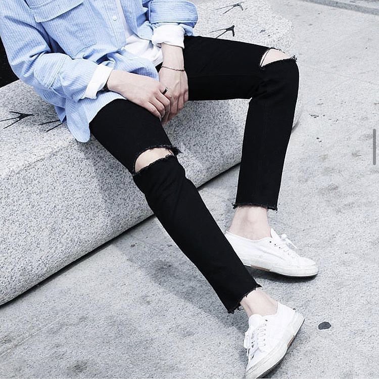 [ Nhìn Là Mê ]  Quần Jean Nam Rách Gối Màu Đen Vải Co Giãn, Không Phai Màu Dáng Skinny Phong Cách Hàn Quốc -T03