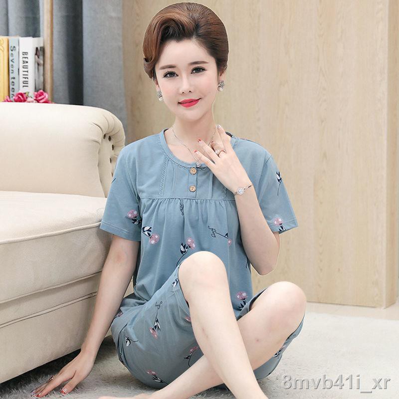 Pyjama cho phụ nữ trung niên và cao tuổi, cotton ngắn tay, size lớn, kiểu mỏng, bộ đồ phục vụ ở nhà người niên, mẹ