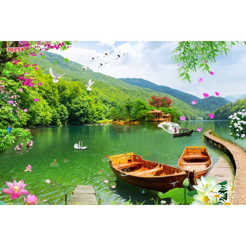 Tranh phong cảnh hồ nước thơ mộng siêu đẹp, phong cảnh giống Thuỵ Sĩ thiết kế đẹp