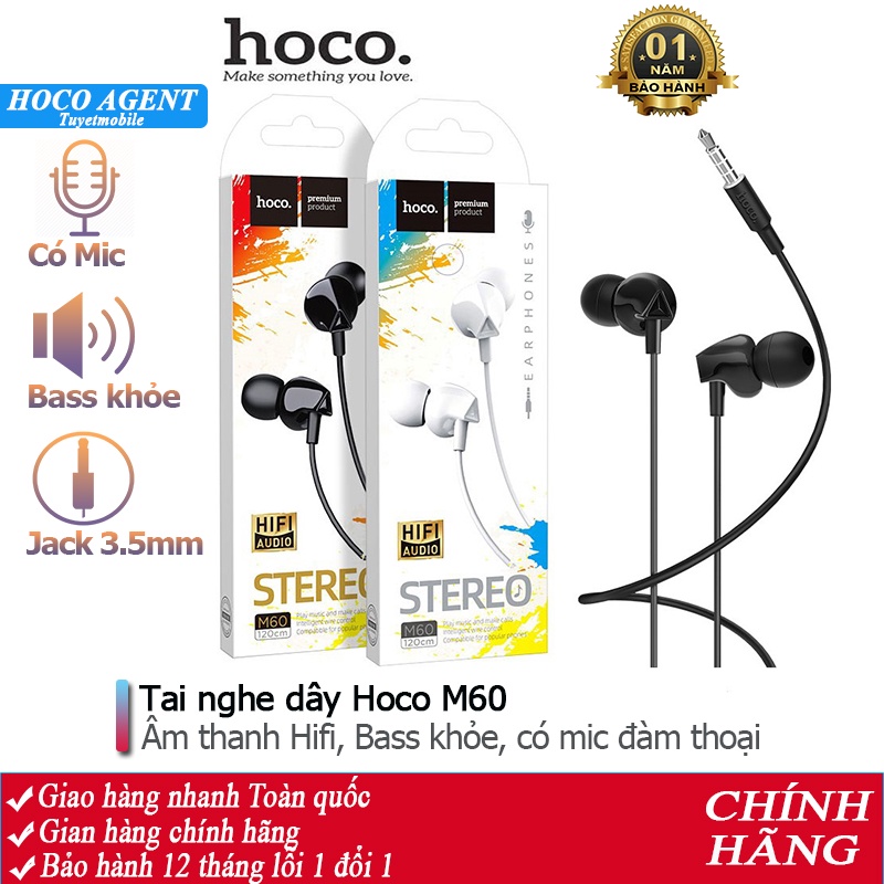 [Mã ELFLASH3 hoàn 10K xu đơn 20K] Tai nghe nhét tai Hoco M60 nghe hay có mic đàm thoại, dây dài 1.2m - Chính hãng