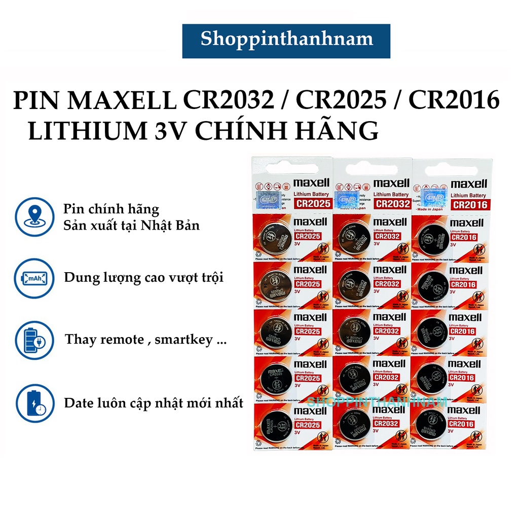 Vỉ 5 Viên Pin Maxell CR2032 / CR2025 / CR2016 / CR1632 / CR1220 / CR1620 / CR1616 Lithium 3V Chính Hãng