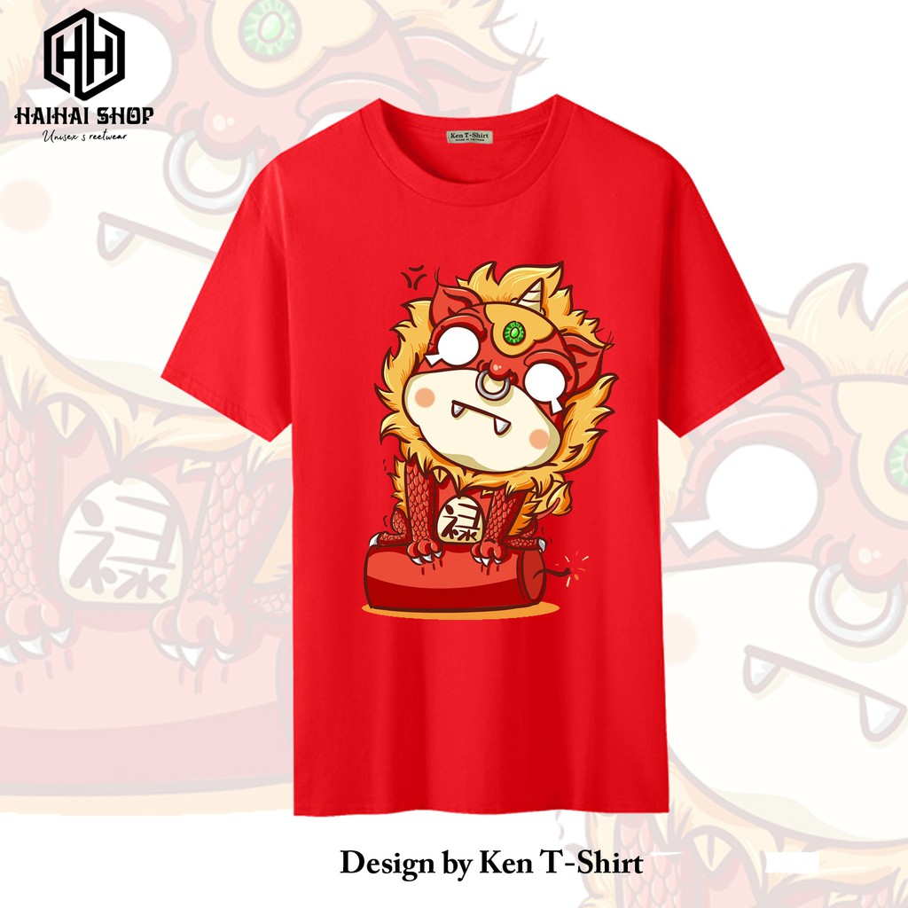 Áo Thun Tết Màu Đỏ Hình In Sư Tử Đạp Pháo Chính Hãng Ken T-shirt