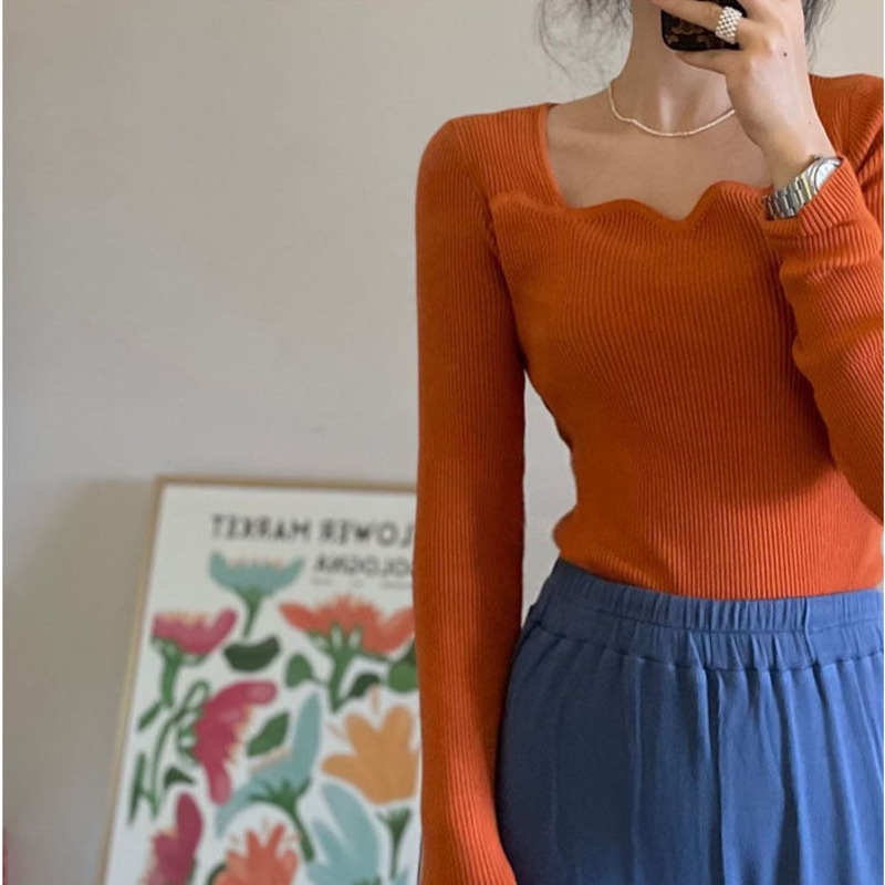 Áo dệt kim cổ vuông phối ren phong cách Hàn Quốc ngọt ngào mới