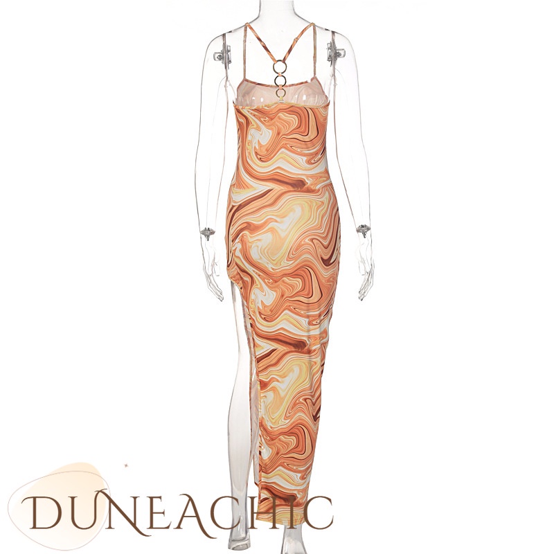 DUNEA Đầm Hai Dây Dáng Dài Xẻ Tà Hở Lưng In Họa Tiết Thời Trang Cho Nữ