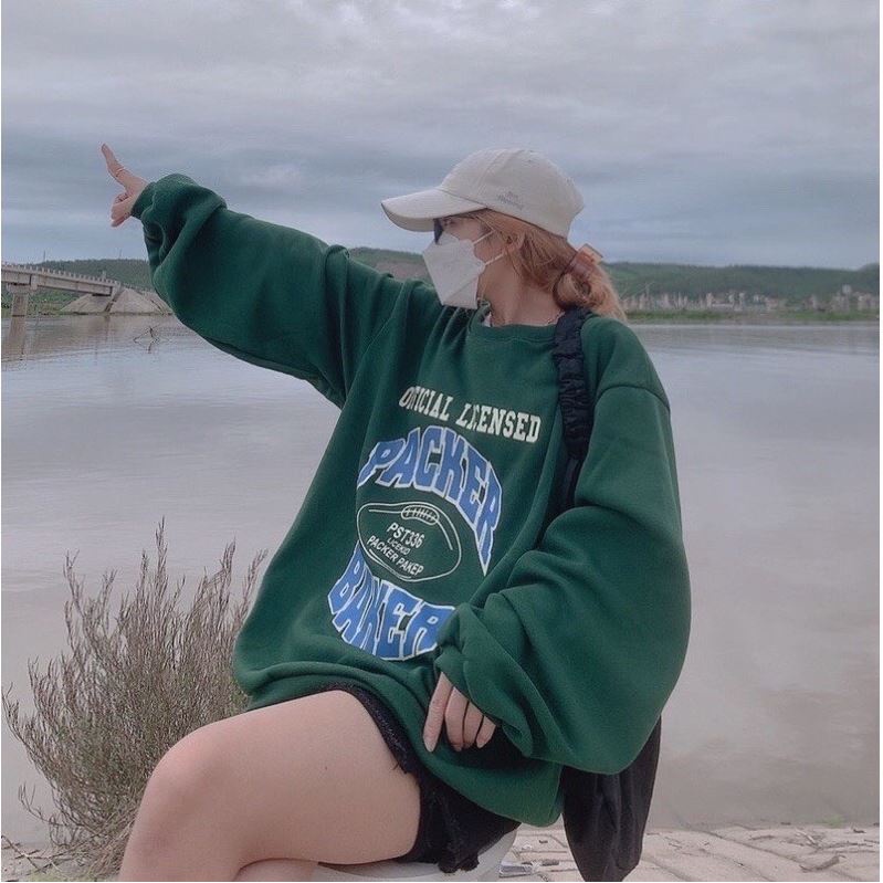 Áo Nỉ Packer Nữ MEESTORE - Sweater Dáng Rộng Tay Bồng, Hoodie In Chữ Màu Xanh Lá Hottrend Phong Cách Hàn Quốc
