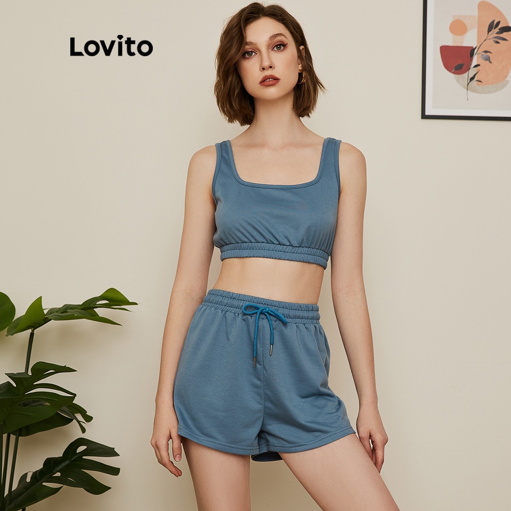 Set đồ thể thao Lovito quần đùi dây rút và áo dáng ngắn màu trơn phong cách đi học L19D069 (Màu xanh dương)