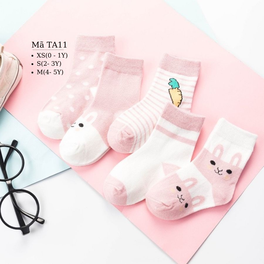 Tất hình thú, vớ cho bé gái cổ dài thỏ gặm cà rốt hồng 0 1 2 3 4 5 tuổi cotton mềm mại điều hòa kháng khuẩn TA11