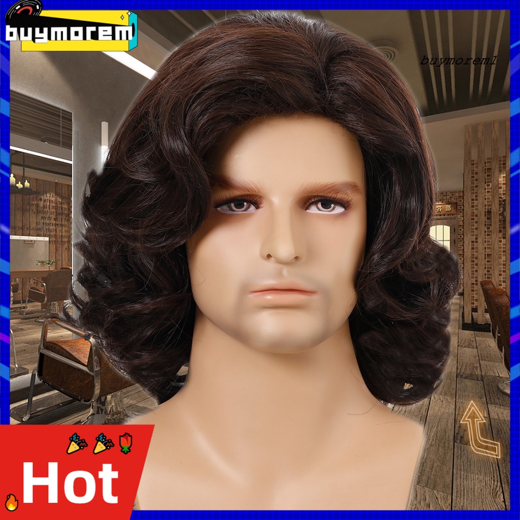 BUYME Men Wig Short Curly Oblique Bang Hair Rose Net Cosplay Costume Party for Male