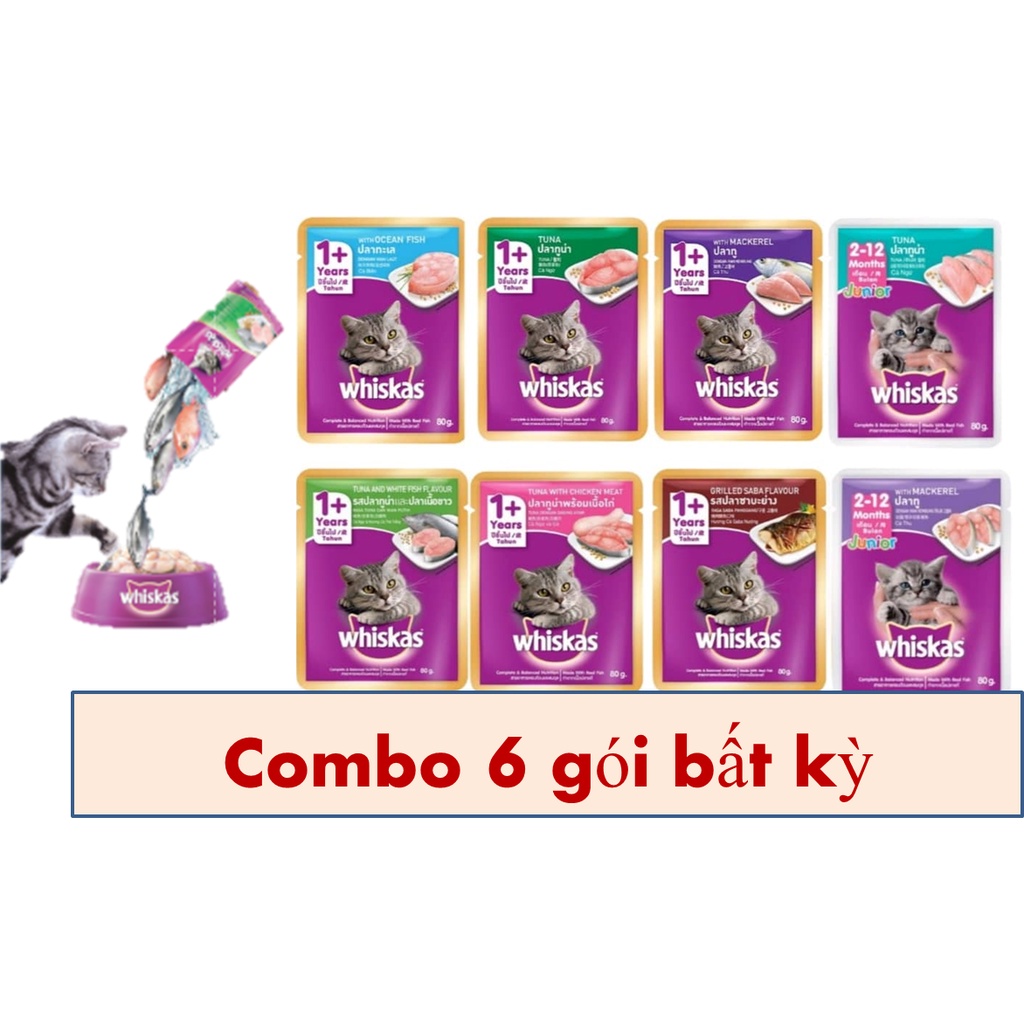 Combo 6 gói Thức ăn sốt pate cho mèo Whiskas túi 80g