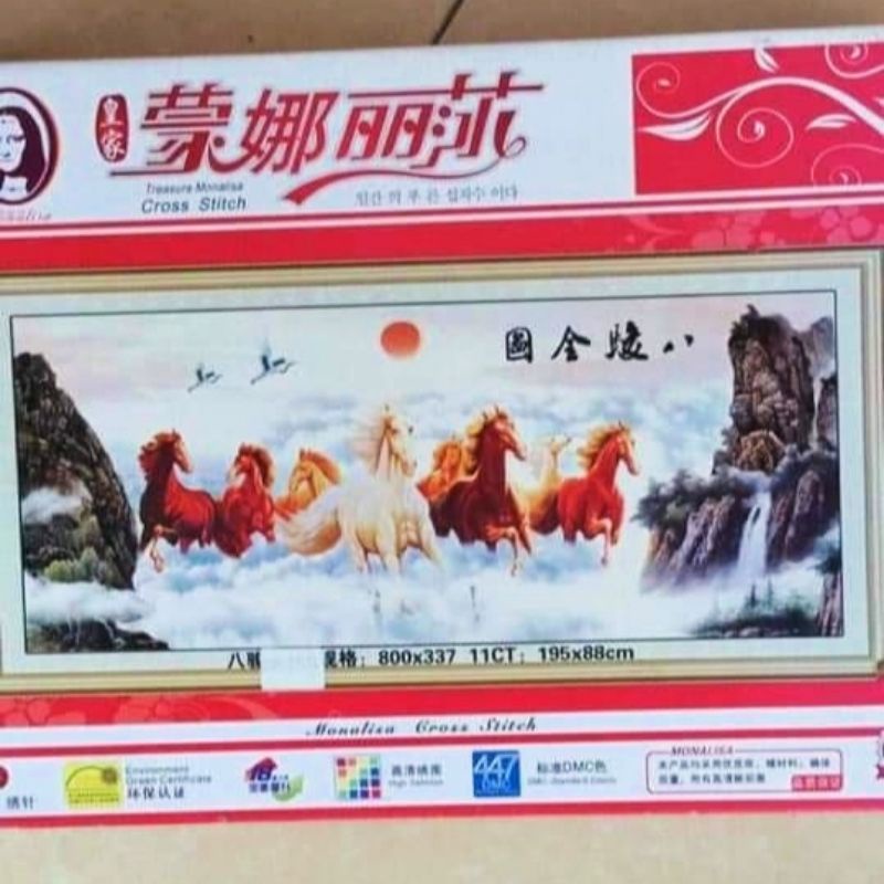Tranh thêu chữ thập Mã đáo thành công, tranh thêu ngựa mây núi