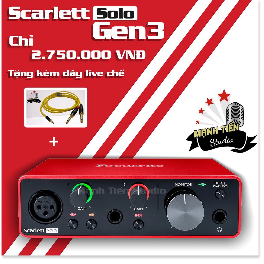 [TẶNG KÈM DÂY]Solo Gen 3 - Sound Card Thu Âm Focusrite Scarlett - Chính Hãng Âm Thanh Cực Hay thu âm chuyên nghiệp