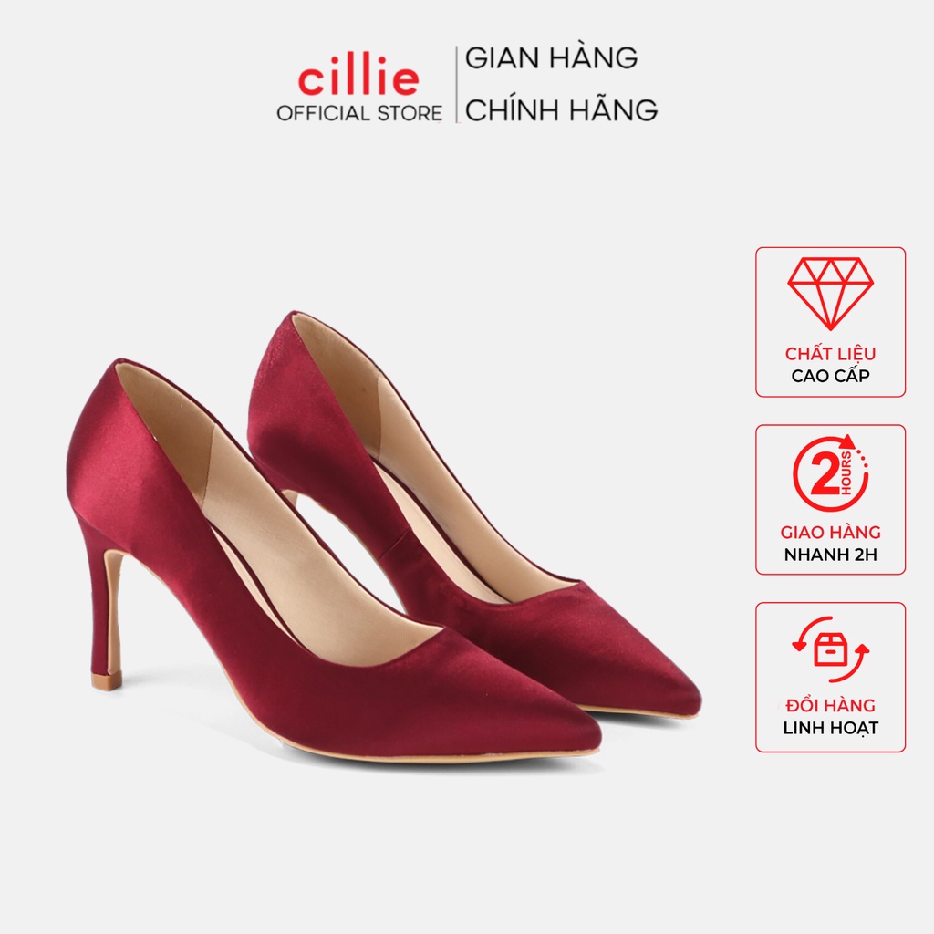 Giày cao gót nữ phối satin sang chảnh mũi nhọn thanh lịch thời trang gót cao 8cm đi tiệc đi làm Cillie 1233