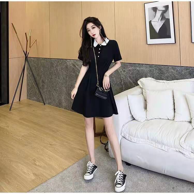 Váy nữ đầm nữ đen cổ sơ mi chiết eo dáng xòe V04 | BigBuy360 - bigbuy360.vn