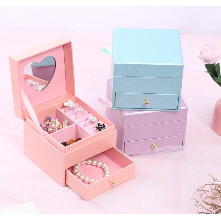 Hộp đựng trang sức mini, hộp quà hoa hồng đựng son trang sức tiện dụng có gương, trang trí hoặc quà tặng