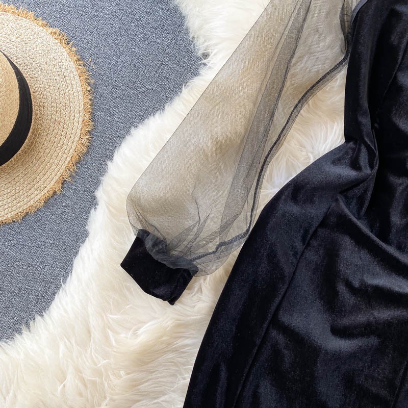 Đầm Nhung Dự Tiệc Hở Ngực Phối Tay Hàng Thiết Kế Tôn Dáng Sang Trọng | BigBuy360 - bigbuy360.vn