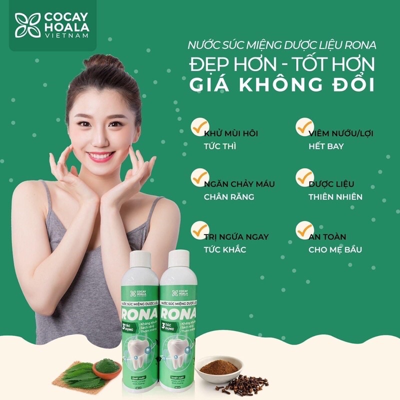 [Mua 5 tặng 1]Nước súc miệng dược liệu R.O.N.A CoCayHoaLa - Khỏi lo Chảy máu chân răng, viêm lợi, hôi miệng, chai 180ml