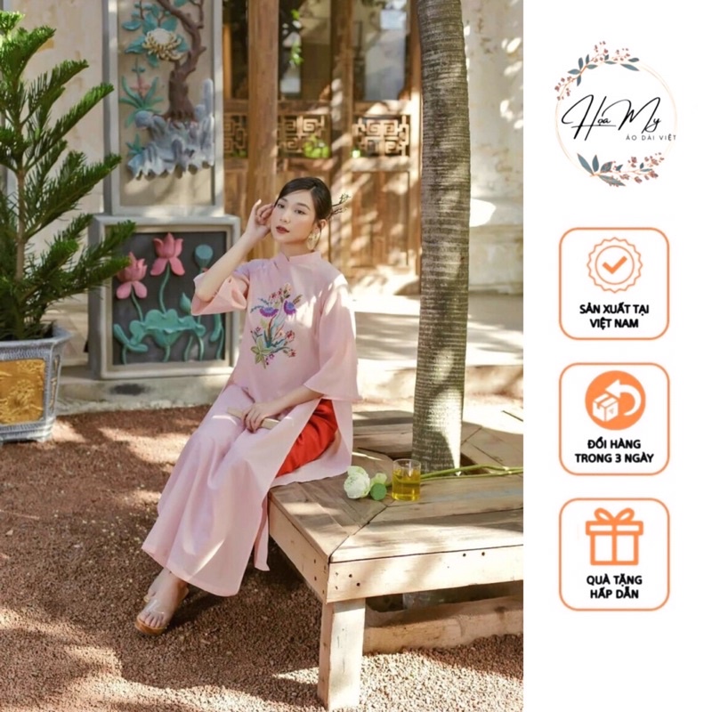 Áo Dài Cách Tân Dáng Suông Cao Cấp Màu Hồng