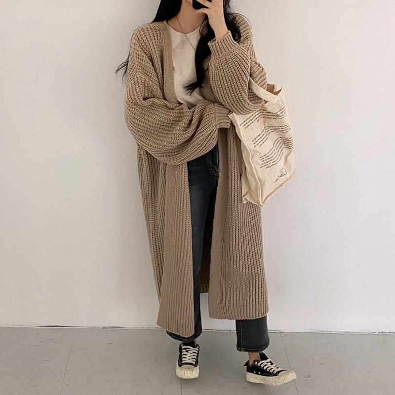 Hellomida Áo cardigan Nữ Dáng Rộng Maxi Tay Lồng Đèn Tay Dài Vintage