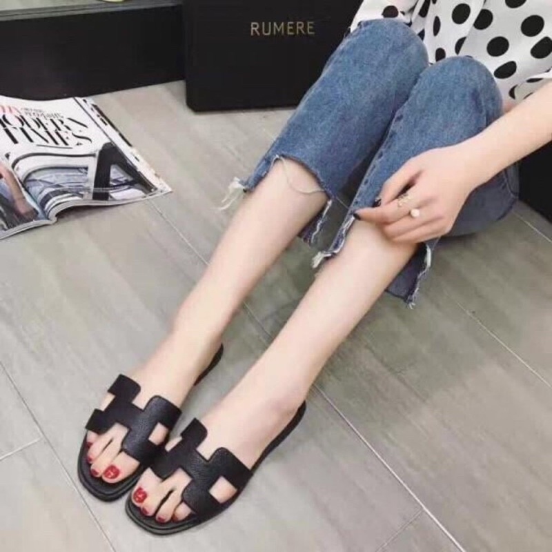 Dép H da trơn may viền đen, dép lê nữ đế thấp thời trang mũi vuông sang chảnh truyền thống