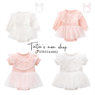 Set váy body chip đầy tháng thôi nôi ren bèo vai kèm nơ xinh xắn cho bé