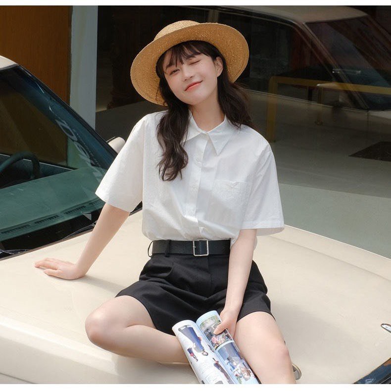 Áo sơ mi cộc tay dáng rộng màu trắng và  da trơn dễ phối đồ phong cách Hàn Quốc dành cho nữ 045
