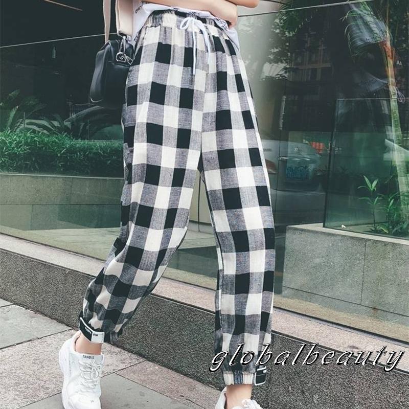 GB-Female Trousers, Women’ s Plaid High Waist Long Harem Pants with Drawstring for Spring Summer, S/M/L/XL/XXL