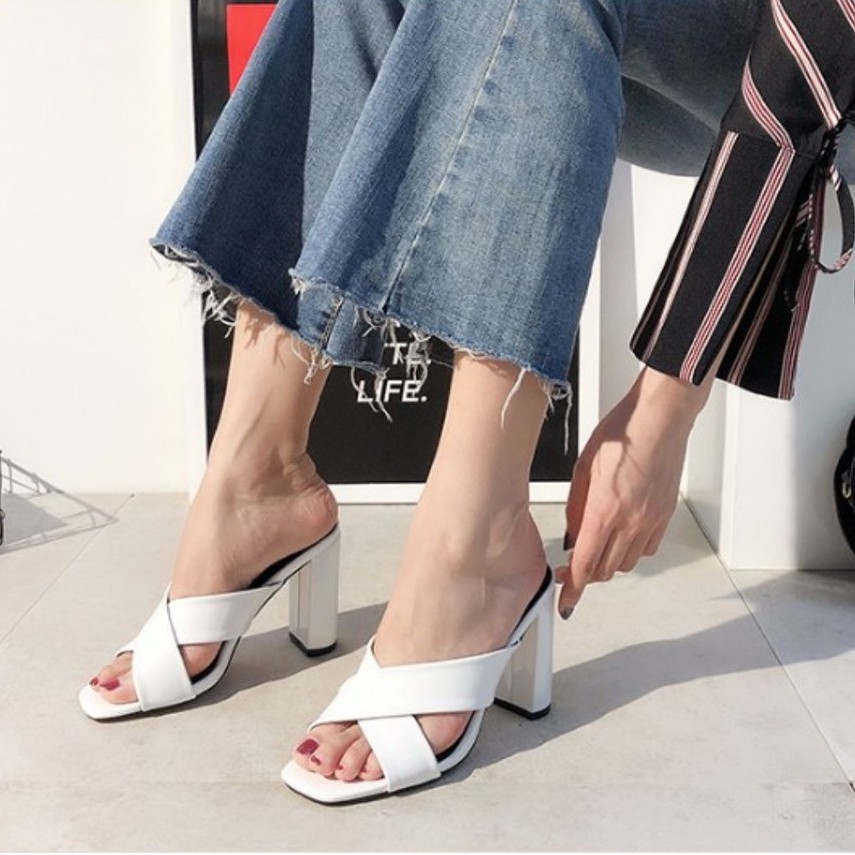 Guốc cao gót chữ X 8phân da bóng cute G14